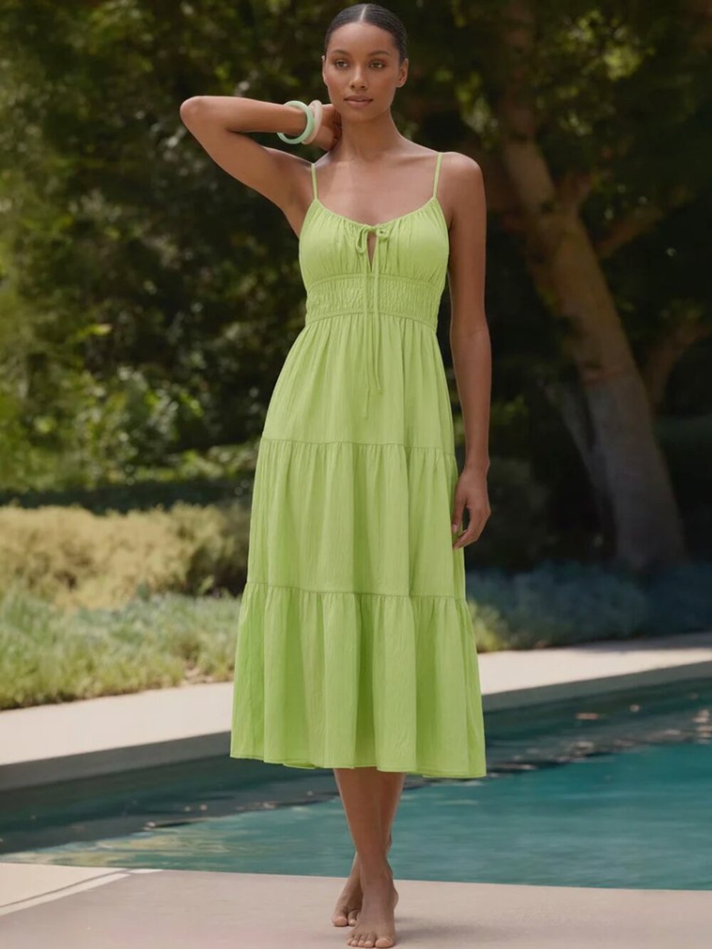 New York & Co Chartreuse Green Sleeveless Tiered Midi Dress - M